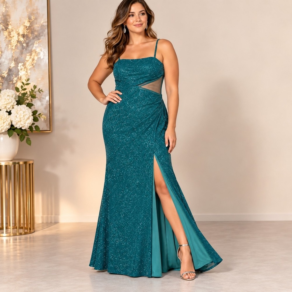 Trixxi Teal Glitter Maxi Evening Gown Junior's 11 Large Fairycore Coquette Glam